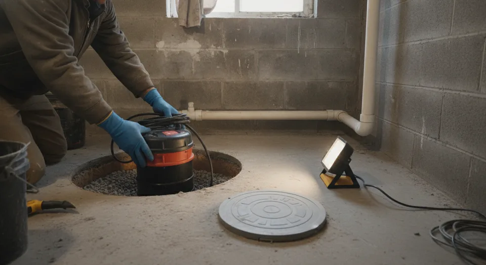 Plumber installing a sump pump and backwater valve in the basement of a Kitchener, Ontario home